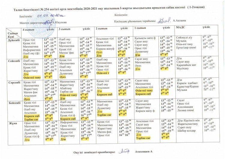 2020-2021 оқу жылындағы МАДС-ның және 1-9 сыныптың сабақ кестесі